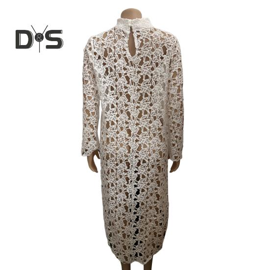 Женское длинное платье с вырезом сверху, нерегулярным вязанием крючком, кружевом, цветочным узором, прозрачной короткой передней частью и длинной задней частью, с полувысоким воротником и длинными рукавами