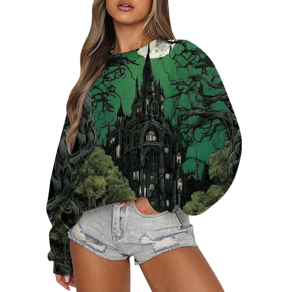 Свитшоты для женщин с длинным рукавом на Хэллоуин, повседневные, с круглым вырезом, свободные, пуловеры, свитшоты, топы