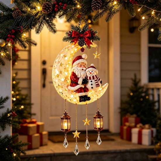 Decorative Iron Lamp Christmas Santa Moon Hanging Lamp, LED Lighted Ornament, Claus Decor Glowing Atmosphere Light for Wall Window Porch Creative