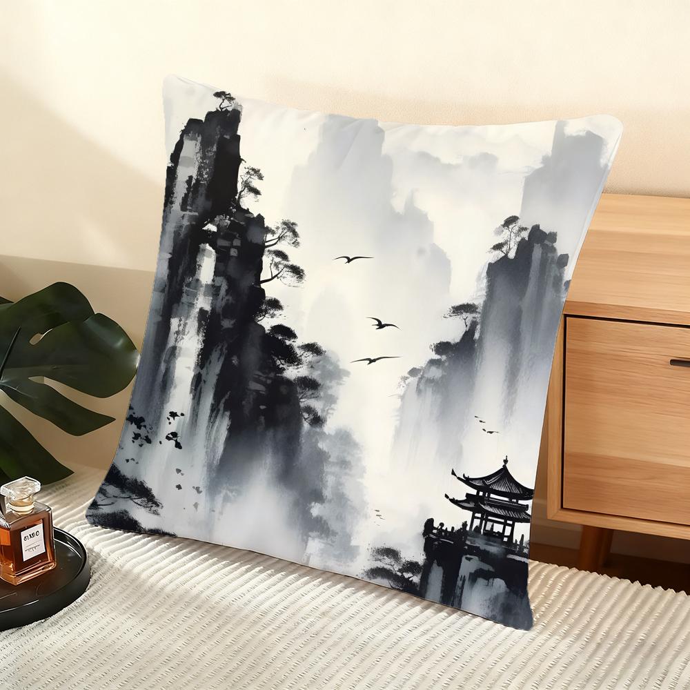 Chinese Ink Painting Style Cushion Cover Soft Short Plush Pillow Cover Smooth Cozy Texture Aesthetic Cushion Case Home Decor