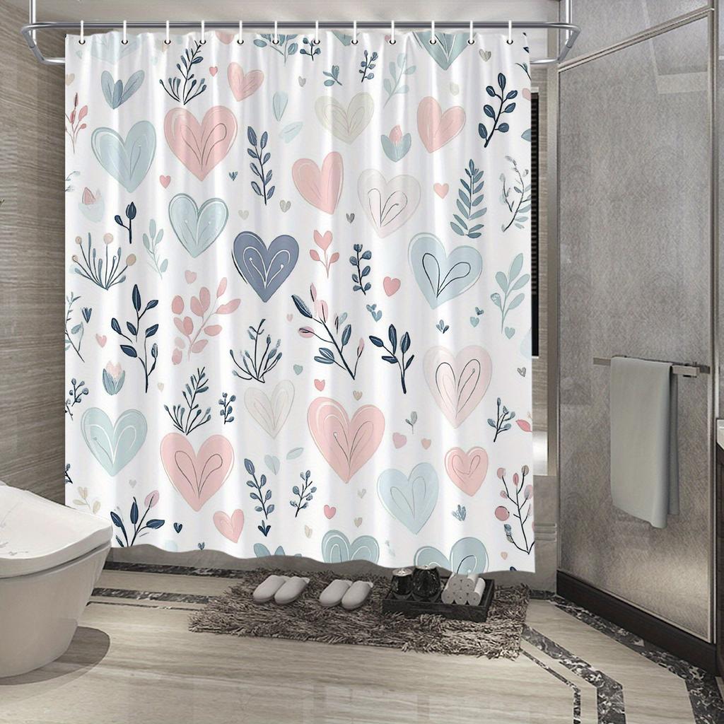 Акварельная шторка для душа с сердечками - Розовые, голубые и бежевые сердечки со стилизованными листьями на белом фоне, прочный полиэстер