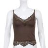 Goth Aesthetic Lace Patchwork Tank Tops For Women Sexy V-Neck Brown Retro Crop Tops Summer  Fashion Casual Camisole