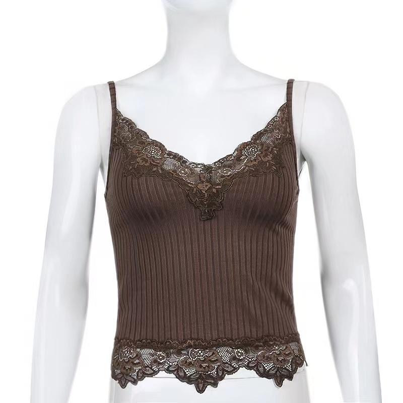Goth Aesthetic Lace Patchwork Tank Tops For Women Sexy V-Neck Brown Retro Crop Tops Summer Fashion Casual Camisole