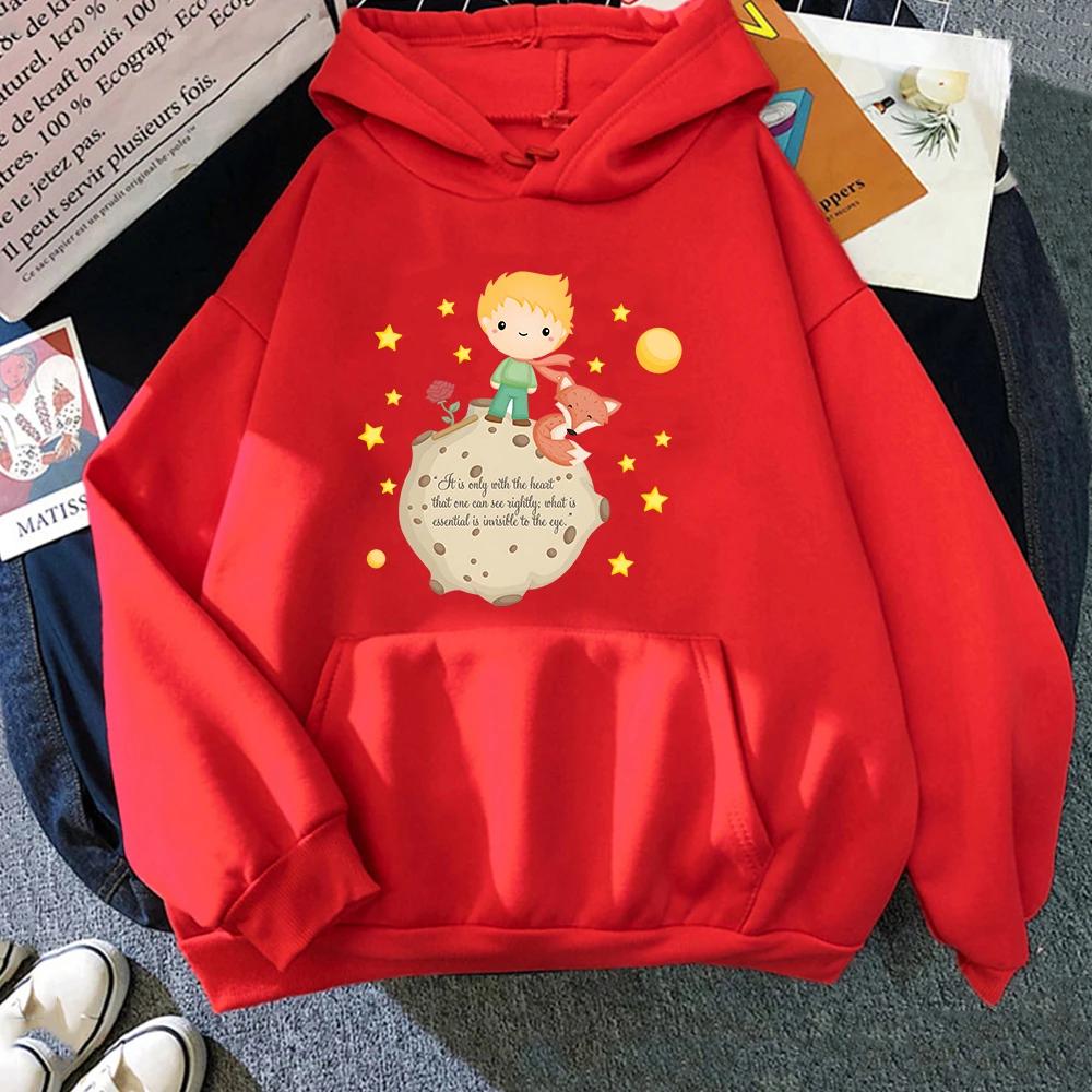 Толстовки с капюшоном Little Prince and Fox для женщин, повседневные толстовки с принтом в виде мультфильмов Kawaii, симпатичная одежда для девочек, графические топы с капюшоном