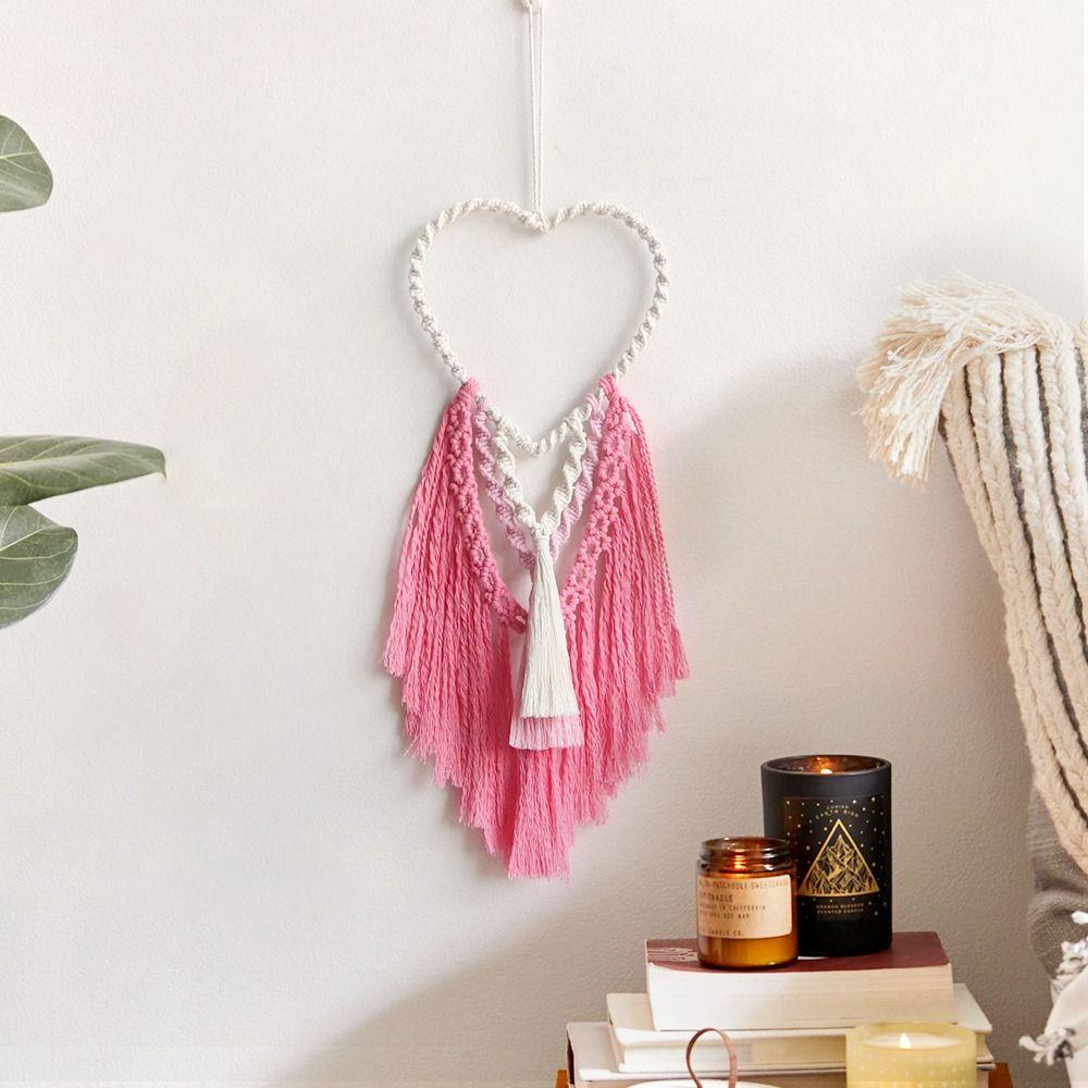Crafts Hand-Woven Heart-shaped Macrame Tapestry Aesthetic with Tassel Wall Hanging Tapestry Art Cotton Rope Tapestry Apartment