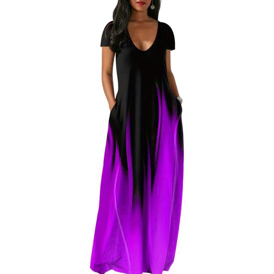 Женское летнее платье с глубоким вырезом и V-образным вырезом с коротким рукавом и контрастным градиентом цвета Свободные карманы длиной до пола Мягкое дышащее повседневное повседневное платье макси