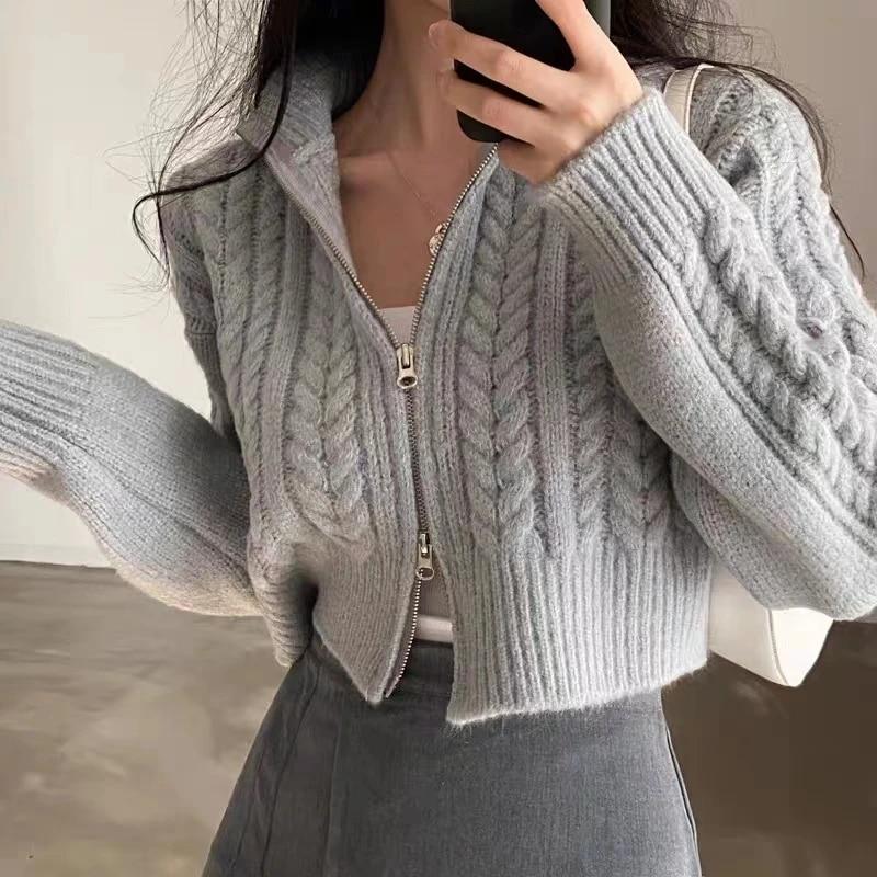 Autumn Y2k Women Zippers Knitted Cardigan Casual Loose Solid Cropped Sweater Korean Short Long Sleeve Coats Tops Fashion Clothes