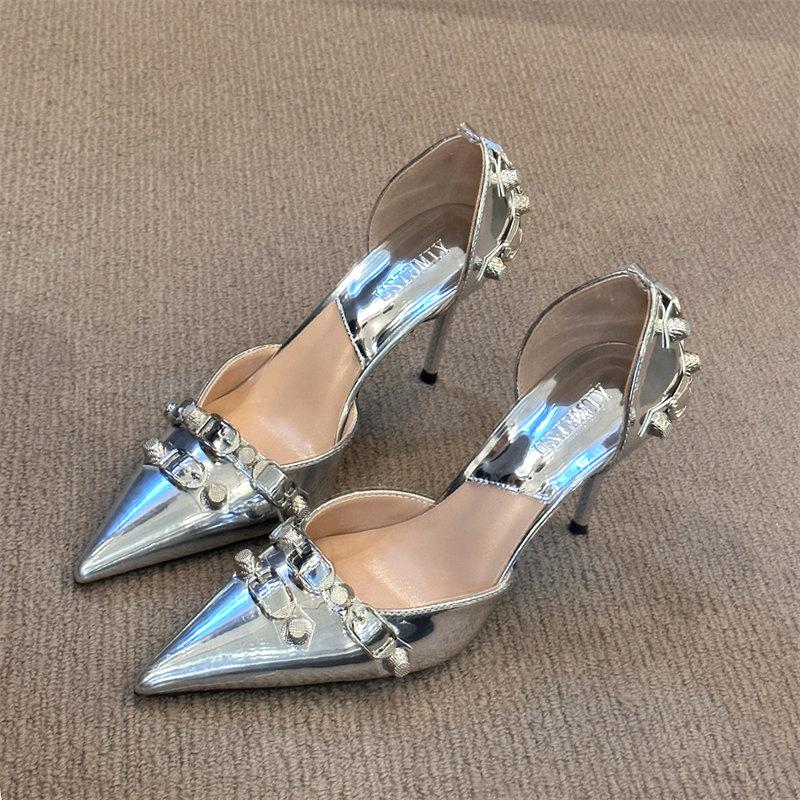 Модные сексуальные босоножки с острым носком, женские летние босоножки на тонком каблуке, женские модные новые туфли-лодочки с металлической пряжкой для вечернего платья, черные