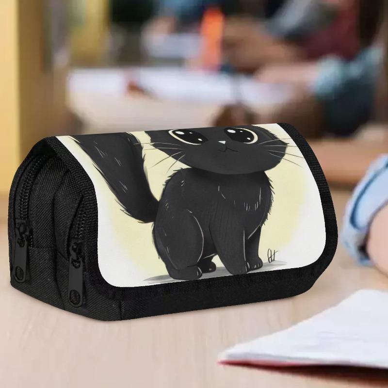 1pc Double Layer Flip Pencil Case - Big-Eyed Black Kitten, Large Capacity, Portable Polyester Pen Storage Bag with Zipper Closure, Ideal for School &