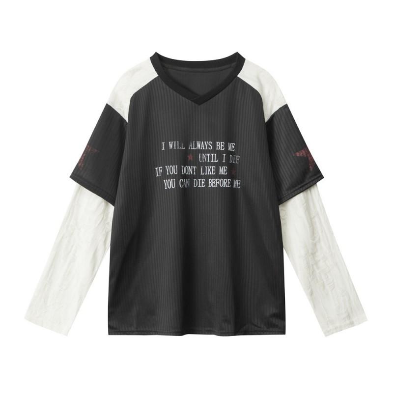 Womens Oversized Long Sleeve Tee With Color-Block Mock Layer Design V-Neck Streetwear Top