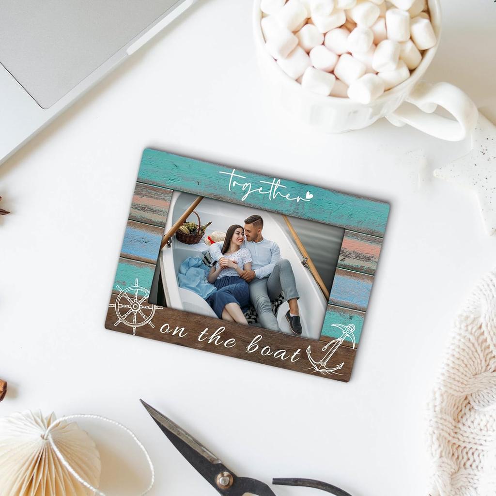 Together on the Boat 4x6 Picture Frame, Boat Lovers Captain Owner Gifts Wooden Picture Frame, Boating Gifts for Women Men, Nautical Anchor Rudder