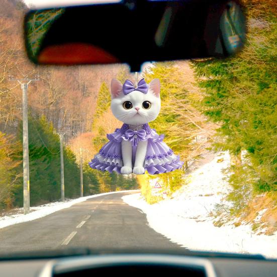 2Pcs Cute Cat Purple Pendant Car Rear View Mirror Charm