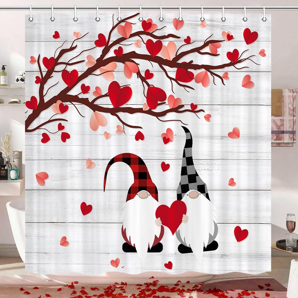 Valentine’s Shower Curtain – Romantic Watercolor Red Hearts & Cute Gnomes Design, Bathroom Decor Perfect for Valentine’s Day