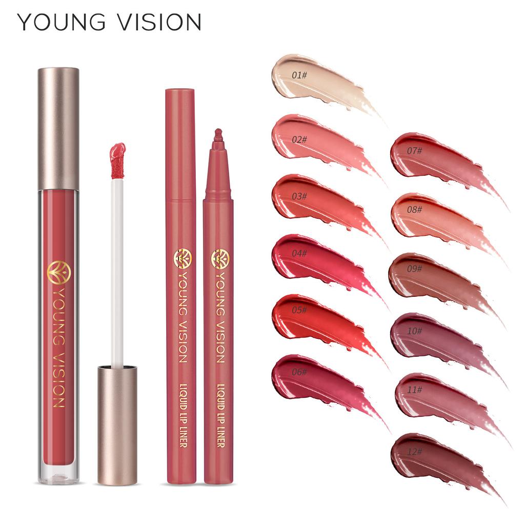YOUNG VISION Lip Glaze + Lip Liner 2 Sets of Lip Liner Are Not Easy To Stick Cup Lip Glaze