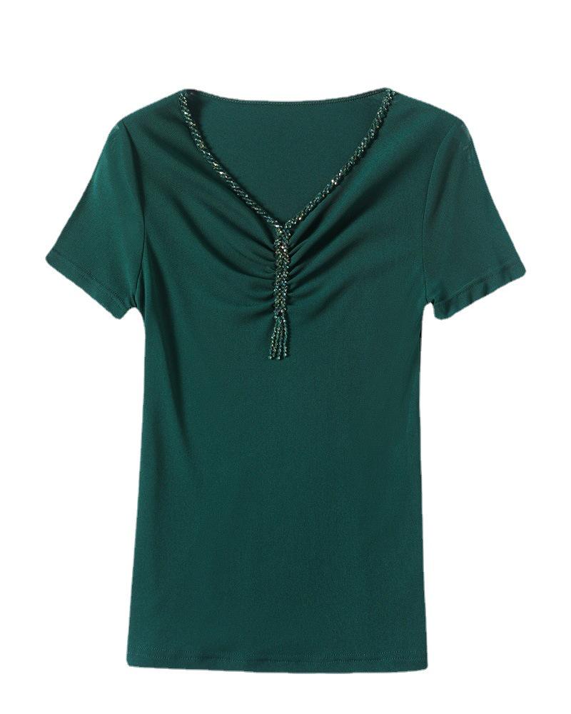 Летний топ с V-образным вырезом, женский, с бисером, облегающий, с коротким рукавом, 2023