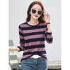 Women'S Summer Purple Striped Cotton T-Shirt O-Neck Long Sleeve Loose Fit Casual Fashion Top Anti-Pilling Feature Digital