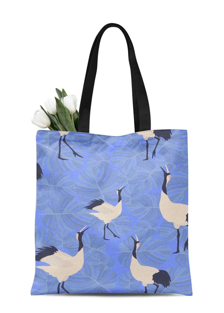 S4Sassy Blue Monstera Leaves & Stork Bird Print Canvas Shopping Tote Bag Сумка для переноски Повседневная сумка через плечо 16x12