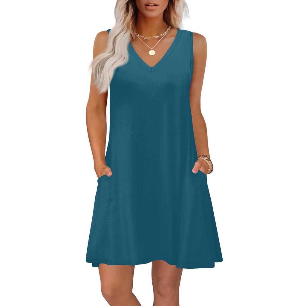 Women's Summer Dresses Loose Fit Solid Color V Neck Sleeveless Sundresses Beach Hawaiian Dress With Pockets