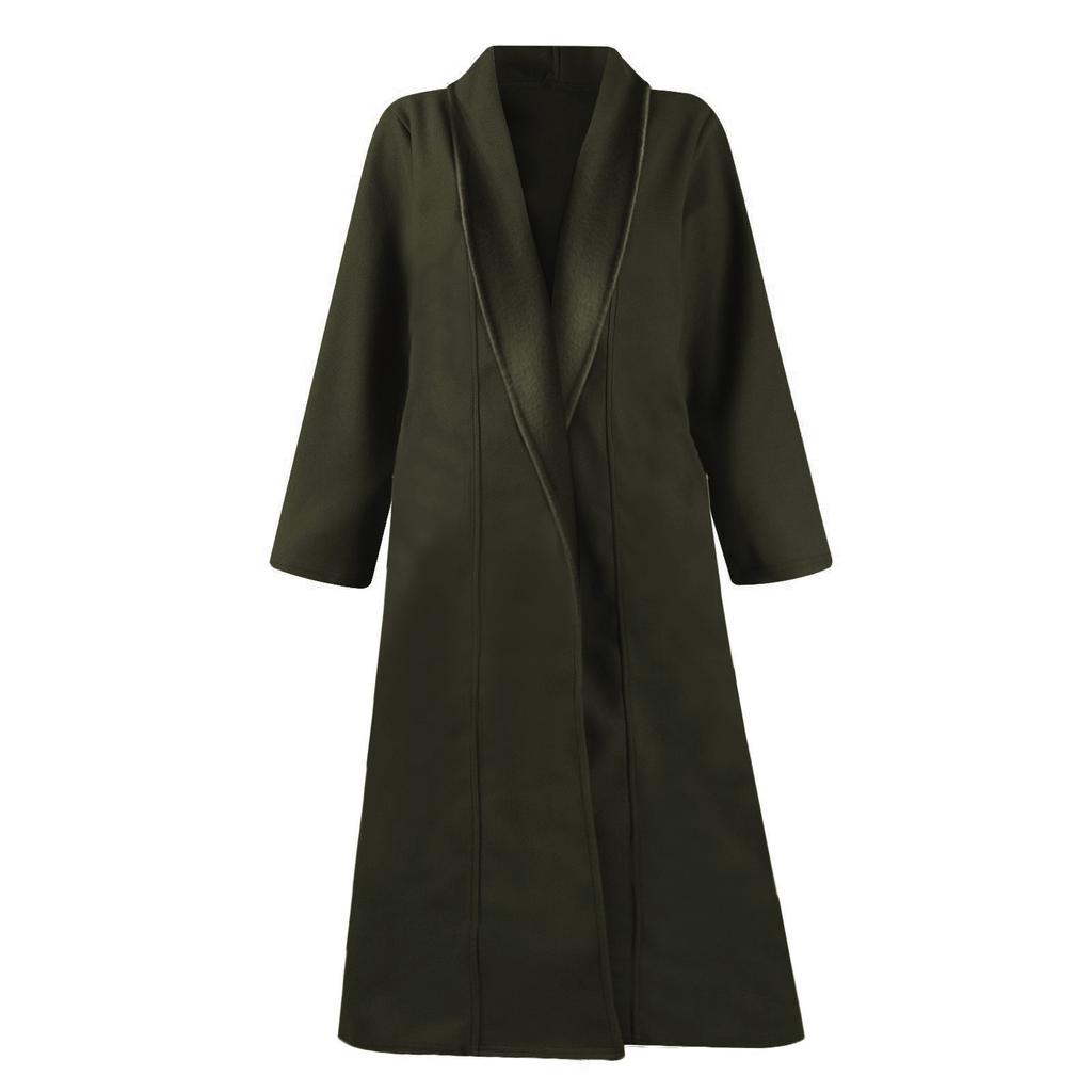 Женский Тренчкот Зимний Повседневный Миди с Поясом И Карманами Плюс Размер Удлиненный Шерстяной Пальто