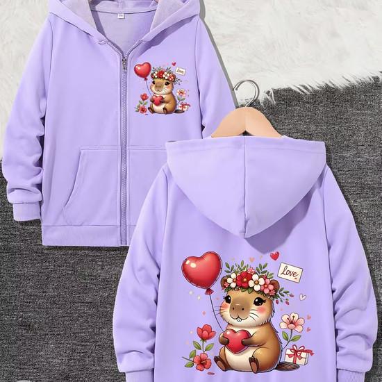 Funny Capybara Love Casual Hoodie Jacket for Boys Girls Zipper Winter Autumn Trendy Cartoon Zip Up Sweatshirts Unisex Kids