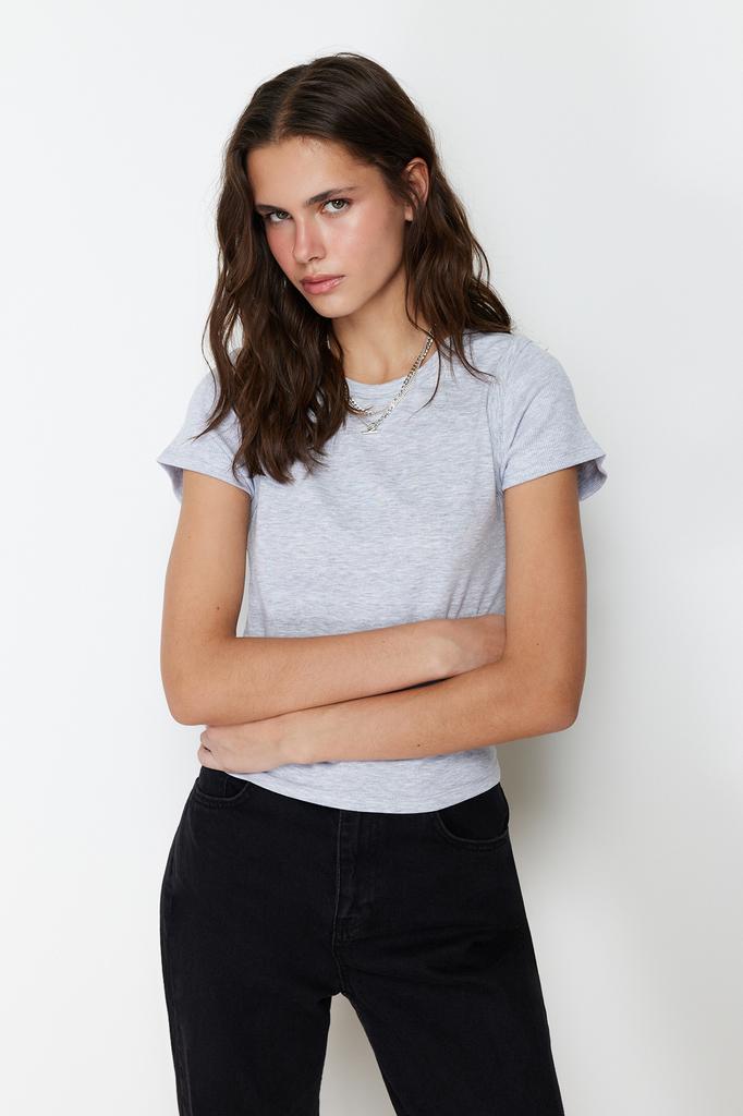 Women's Fashion Blouse Crew Neck Short Black Backless Tie Detailed Ribbed Flexible Knitted Blouse