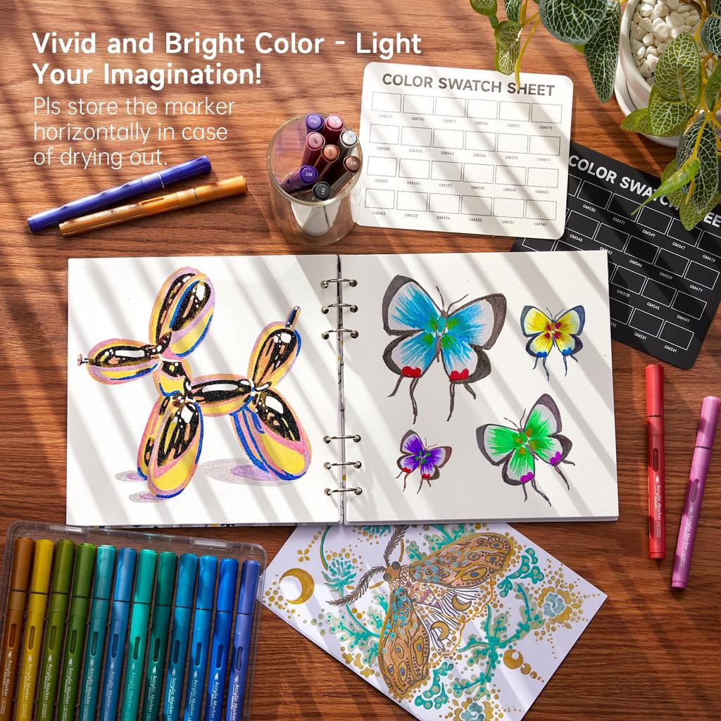 Shuttle Art Acrylic Marker Direct Ink Type Metallic Color Pens with Brush Paint Suitable for and Includes Storage Perfect for Art and 24-Color Set