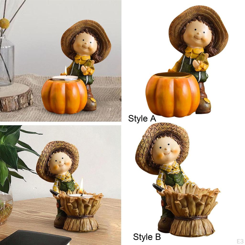 Autumn Harvest Girl Resin Figurine Candlestick Height 13.5cm Handmade Home Decoration