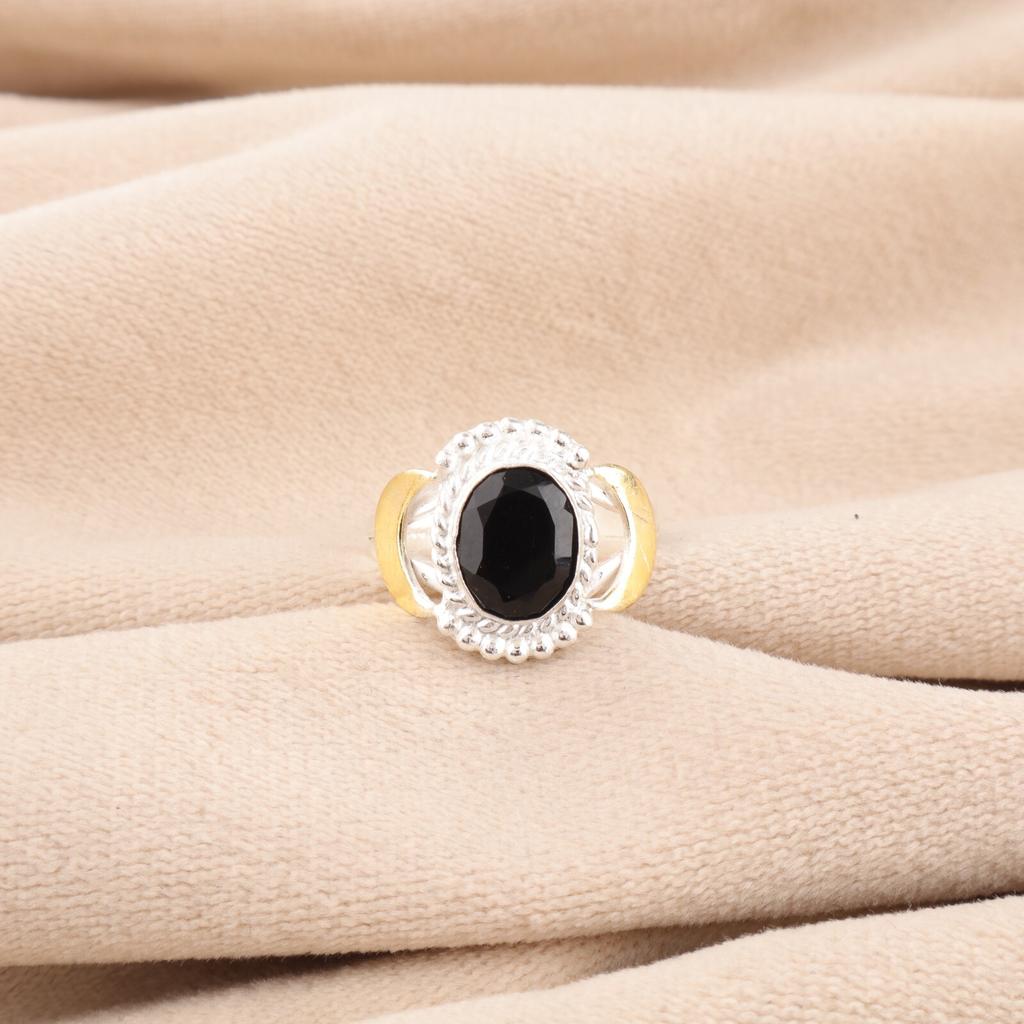 Natural Black Onyx Gemstone 925 Sterling Silver Jewelry Handmade Tow Tone Ring RR-61-21