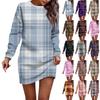 Женское платье с круглым вырезом в клетку с принтом в стиле пэчворк, с длинными рукавами и бедрами, платья-толстовки