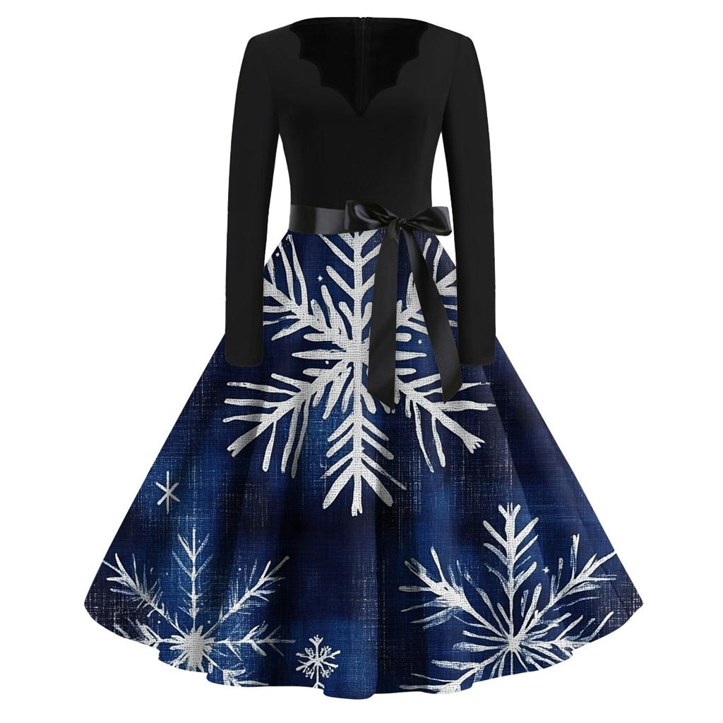 Женские модные повседневные тонкие рождественские платья с длинным рукавом с v-образным вырезом и принтом