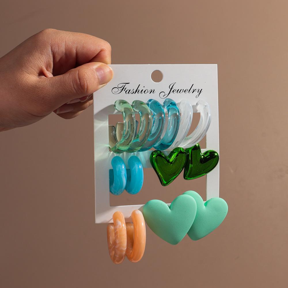 New Korean 7pair Colorful Circle Acrylic Hoop Earring for Women Vintage Geometric Heart Stud Earrings Statement Jewelry Set Gift