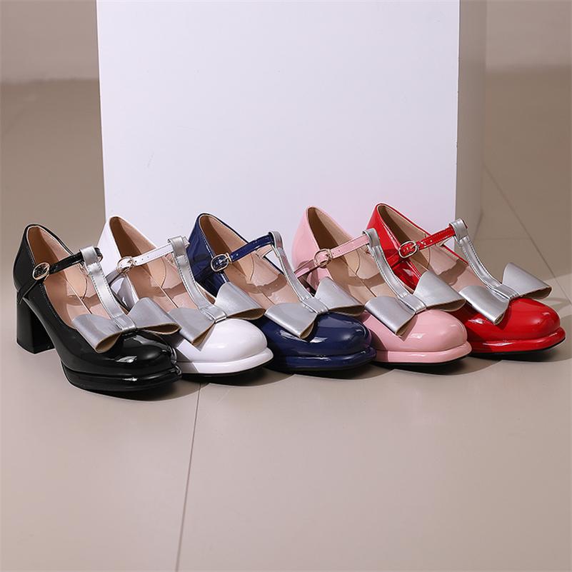 Meotina Женские туфли Мэри Джейн на высоком толстом каблуке с круглым носком и завязывающимся бантом, модная женская обувь весна-осень, розовые, черные, 46