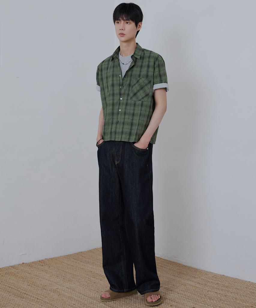 NODU Seersucker Check Crop Half Shirt [Green]