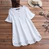 Women Summer Short Sleeve O-Neck Tops Loose Casual Lace Button Down Front Splits Blouse