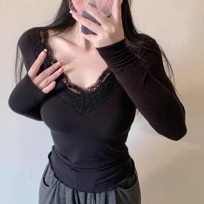 Женский облегающий кружевной кроп-топ с длинным рукавом – стиль Pure Desire, базовый слой для весны/осени