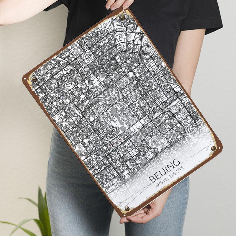 Beijing White Map Tinplate Signs Map Poster Wall Art Mural Custom Metal Sign for Wall Art Decoration Bath Room Decor Men Retro