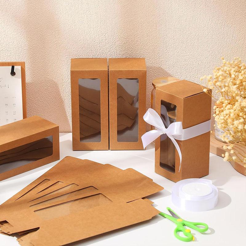 WTEMPO Clear Window Paper Party Favor Boxes DIY Foldable Treat Handle Boxes Daily Presents Packaging Boxes Perfect for Birthday Wedding Christmas