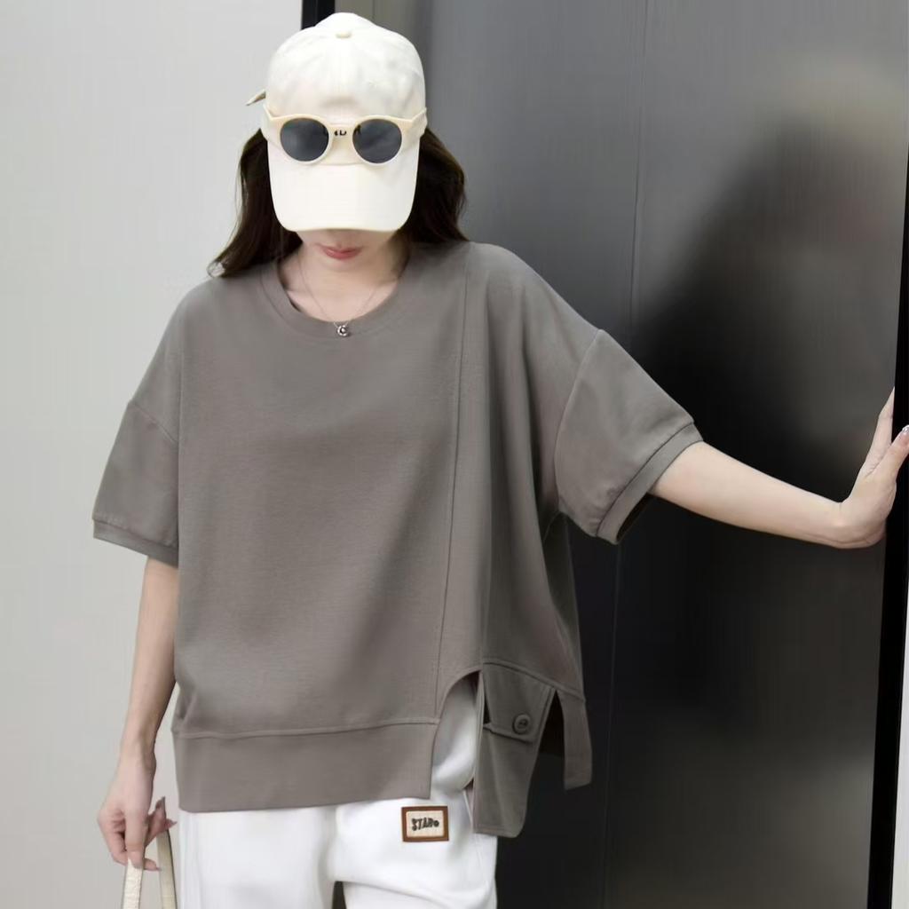 Dimanaf 2025 Plus Size Летняя однотонная белая футболка с изображением летучей мыши Женская футболка с коротким рукавом и карманами на пуговицах Свободные топы