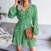 Women Spring Short Floral Chiffon Dress V Neck Full Sleeve High Waist Print Yellow Green Red S M L XL