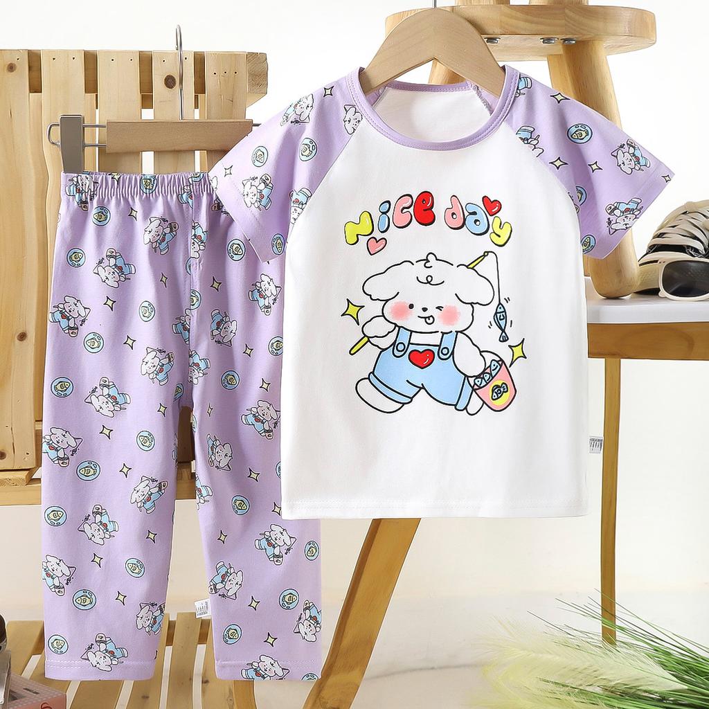 Kids Cotton Short Sleeve Pants Set Summer Baby Pajamas Unisex Breathable Home Wear Two Piece Outfit For Boys And Girls