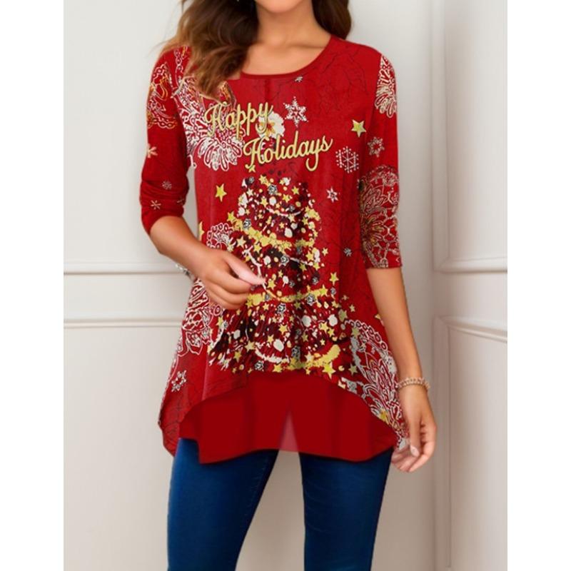 Женская мода повседневная весна осень рождественская принт длинный рукав блузки и рубашки с круглым вырезом