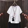 New Cat Print V-neck Cotton Hemp T-shirt for Women - 2025 Summer Light & Stylish