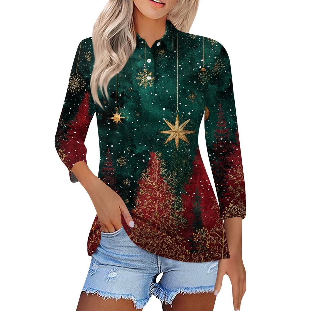 Women's Fashion Casual Lapel Short 3/4 Sleeve Christmas Print Shirt Women's Button Up Tops