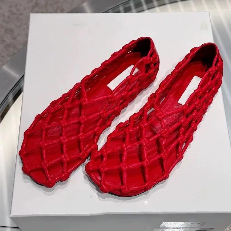 Cowhide Version~ Niche Fishing Mesh Woven Hollow Round Head Flat Sole Single Shoes Women's 2025 Spring and Summer Ballet Sandals