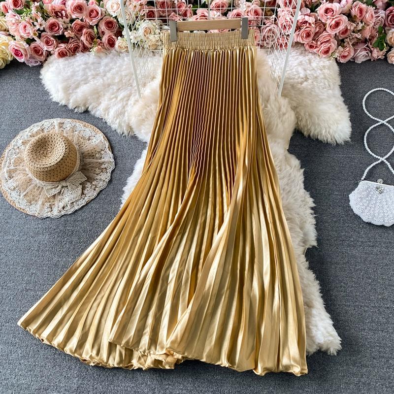 Лето Осень Женская Элегантная Атласная Высокая Талия Длинная Макси Плиссированная Юбка