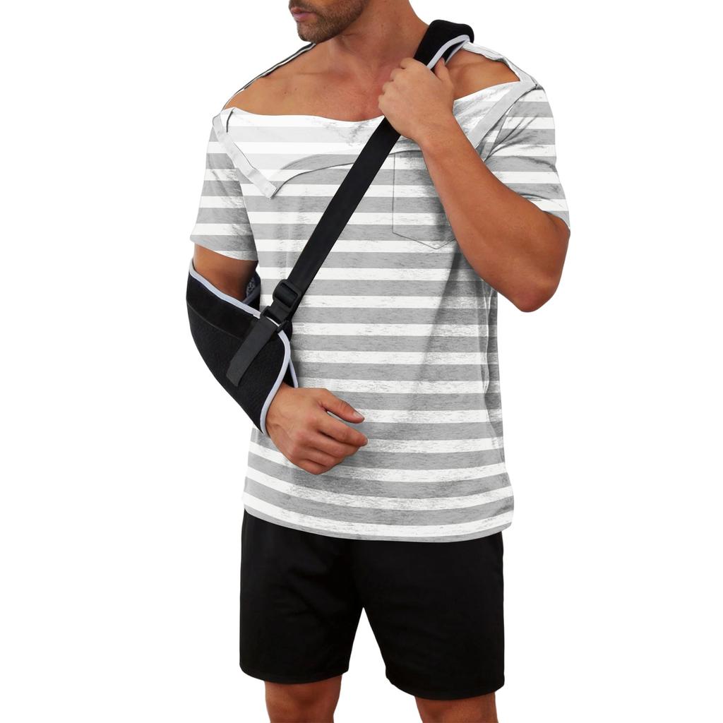 Men Recovery Shirt Striped Print Short Sleeve Full Open Front Closure Design Easy Dressing Top