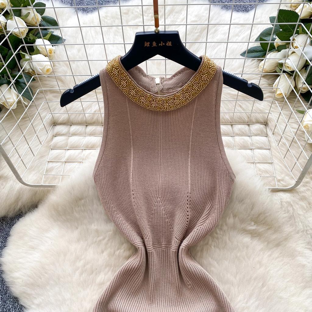Летние женские бисерные воротник без рукавов вязаный свитер Y2K мини короткие облегающие платья-футляры