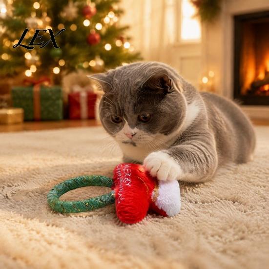 Mesh Tube Teething Toys Christmas Catnip Toy for Indoor Cats, Stuffed Cat Chew with Relief Kittens Tube, Interactive Flexible Bell Holiday Gift Teeth