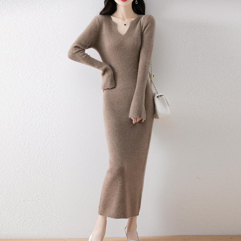 Женское платье-свитер 100% шерсть MODERN NEW SAGA V-образный вырез трикотажный длинный пуловер зимние джемперы шерстяное длинное платье женское
