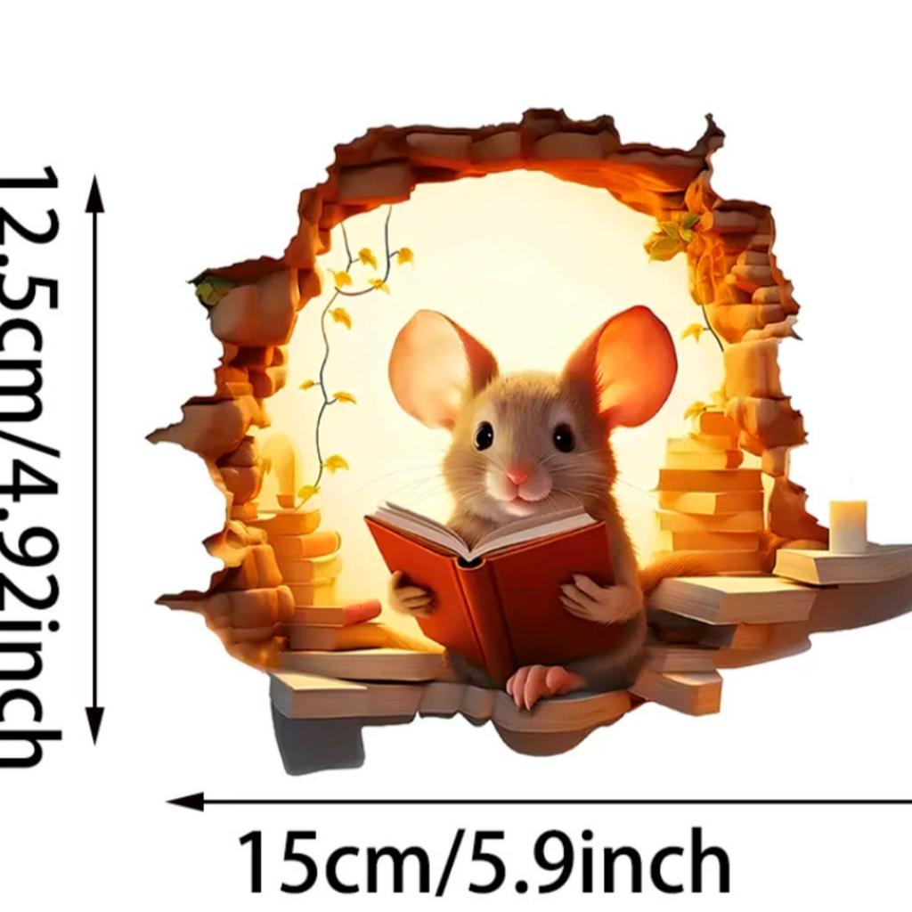 3D Мышь Читает Книгу в Мышиной Норе, Наклейка-Декаль, Съемный Декор Стен, Идея Подарка для Любителя Книг, Плинтус, Наклейка-Декаль на Стену, Детская Комната, Классная Комната